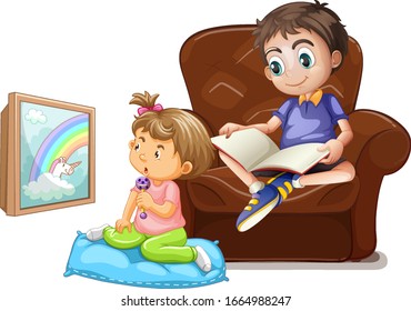 Scene with boy reading book and girl watching TV illustration