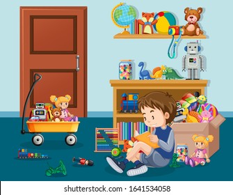 Scene with boy reading book in the room illustration