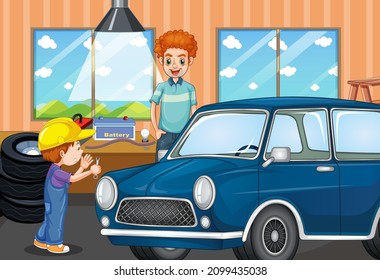 Scene with a boy repairing car with his dad illustration