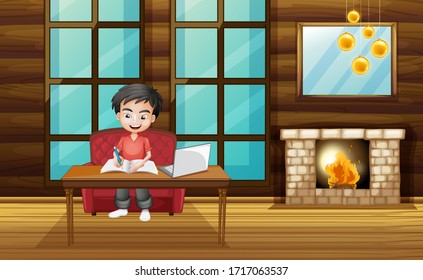 Scene with boy working on homework at home illustration