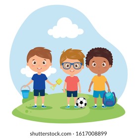 scene of boys smiling in landscape, back to school vector illustration design