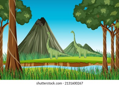 Scene with brachiosaurus in forest illustration