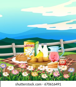Escena con desayuno puesto en la ilustración de la tela picnic