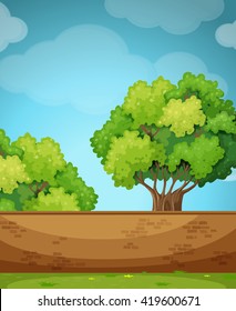 Scene with brick wall and tree illustration