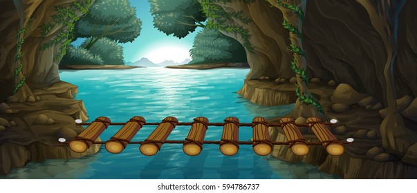 Scene with bridge across river illustration