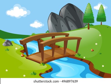 Scene and bridge over river illustration