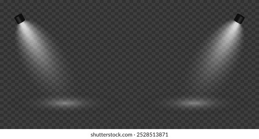 Scene with bright white light. Spotlight effect of light and podium. Vector illustration