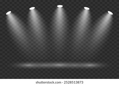 Scene with bright white light. Spotlight effect of light and podium. Vector illustration