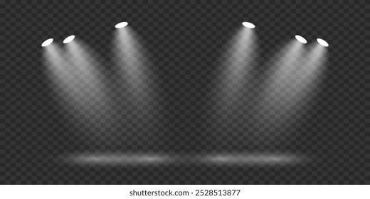 Scene with bright white light. Spotlight effect of light and podium. Vector illustration