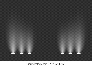 Scene with bright white light. Spotlight effect of light and podium. Vector illustration