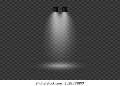 Scene with bright white light. Spotlight effect of light and podium. Vector illustration