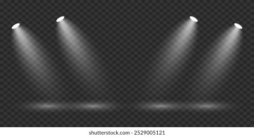 Escena con luz blanca brillante. Efecto Spotlight de luz y podio. Ilustración vectorial