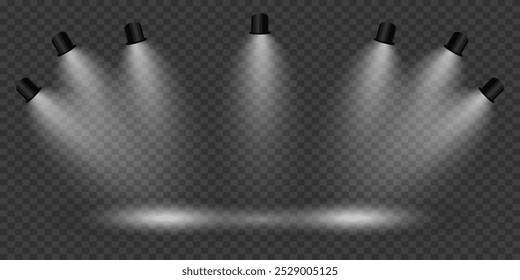 Scene with bright white light. Spotlight effect of light and podium. Vector illustration