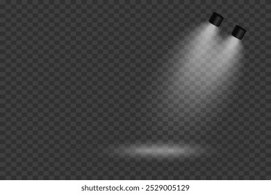 Scene with bright white light. Spotlight effect of light and podium. Vector illustration