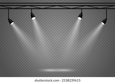 Scene with bright white light. Spotlights are a beautiful light. On a transparent background.