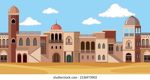 Scene with brown buildings in desert illustration