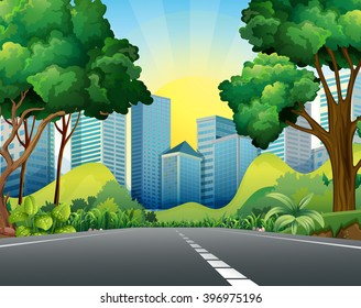Scene with buildings and road illustration