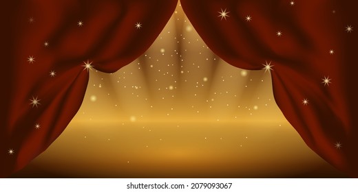 Scene With Burgundy Curtain, Stars And Golden Shimmer. Banner For A Website, Landing Page Or Social Networks. Stock Vector Illustration.