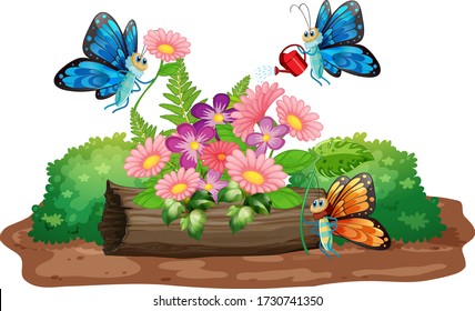 Scene with butterflies flying in the garden illustration