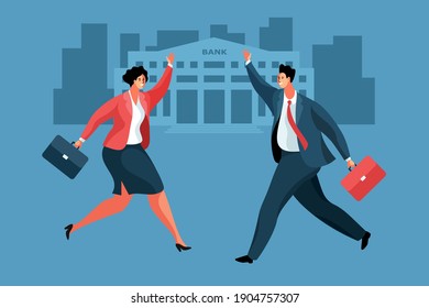 Scene by the bank. Businessmen or office workers running and waving their hands in greeting. Cartoon male and female characters with briefcases, wearing business clothes. Vector illustration