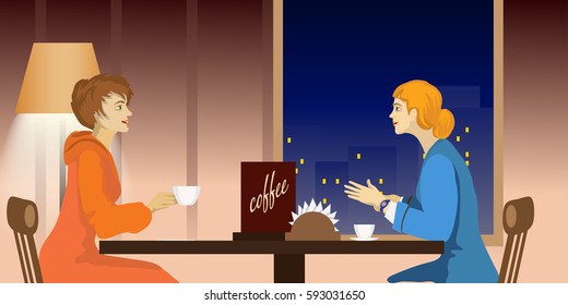 Scene in cafe banner. Couple on the table. Friends. Vector illustration