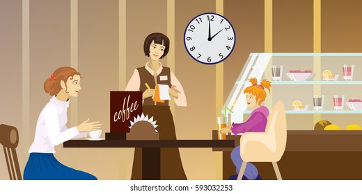 Scene in cafe banner. Couple on the table. Mother and kid, waiter. Vector illustration