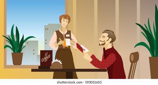 Scene in cafe banner. Guy on the table, waiter. Vector illustration