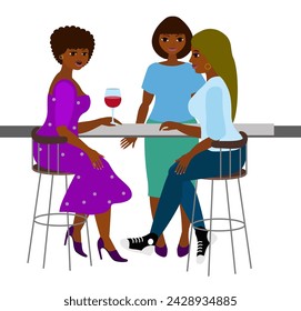 Escena en un café, reunión de tres novias. Personajes femeninos afroamericanos para tus escenas. Positividad corporal. Ilustración vectorial plana.