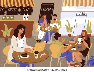 Scene in cafe. Woman works on a laptop at a table in a restaurant. People eat and talk together. Men and women sit at tables at city cafe and have a conversation. Modern people in vector illustration