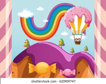 Scene with candy balloon over purple mountains illustration