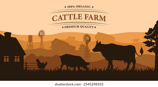 The scene captures a beautiful sunset over a cattle farm, with silhouettes of cows and pigs, a farmhouse, and windmills against a warm orange sky.