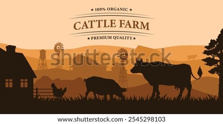 The scene captures a beautiful sunset over a cattle farm, with silhouettes of cows and pigs, a farmhouse, and windmills against a warm orange sky.