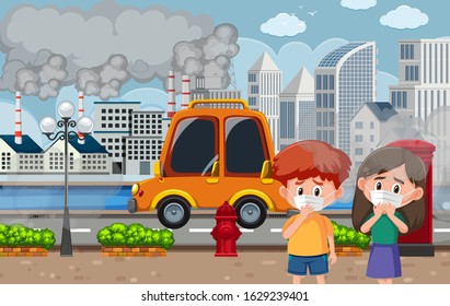 Scene with cars and factory buildings making dirty smoke in the city illustration