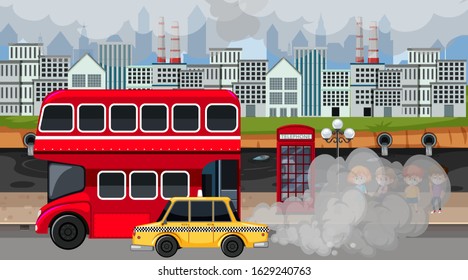 Scene with cars and factory buildings making dirty smoke in the city illustration