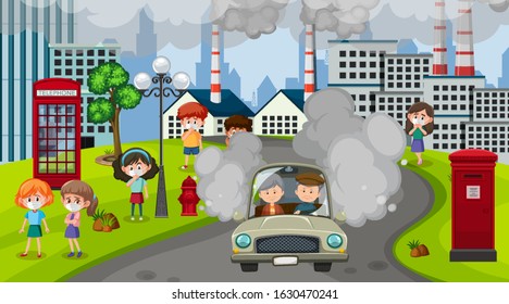 Scene with cars and factory buildings making dirty smoke in the city illustration