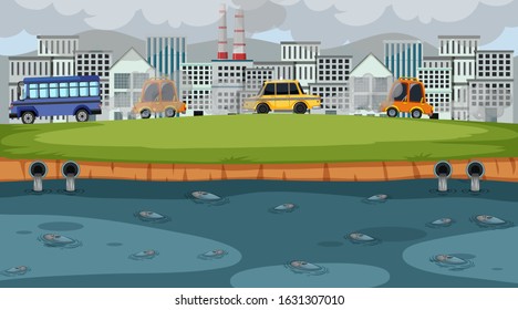 Scene with cars and factory buildings making dirty smoke in the city illustration