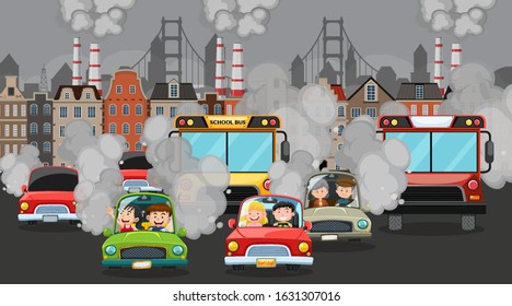 Scene with cars and factory buildings making dirty smoke in the city illustration