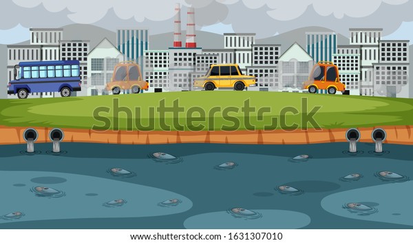 Scene with cars and factory buildings making\
dirty smoke in the city\
illustration