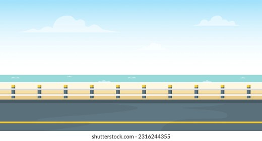 Caricatura escénica de la carretera de la playa, ilustración vectorial.