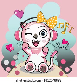 the scene of a cartoon cat listening to music from headphones