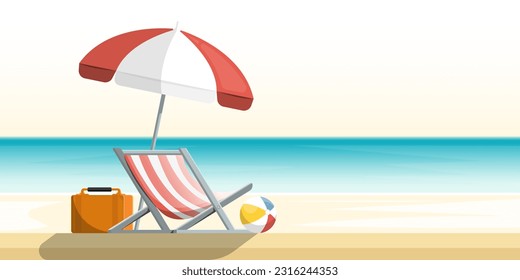 Scene cartoon sea beach, Sun lounger with plastic ball, bag, umbrella on sand beach, Vector illustration.