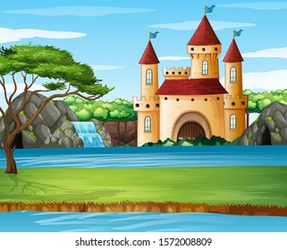 Scene with castle towers by the lake illustration