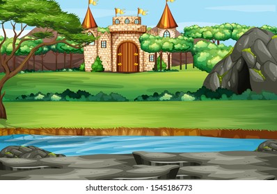 Scene with castle towers in the forest illustration