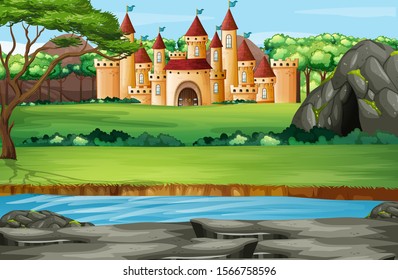 Scene with castle towers in the park illustration