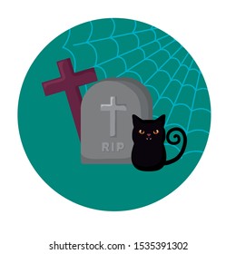 scene of cat black with icons of halloween vector illustration design