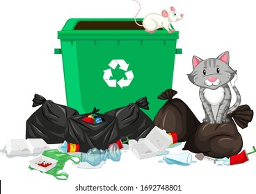 Scene with cat and rat at the trashcan illustration