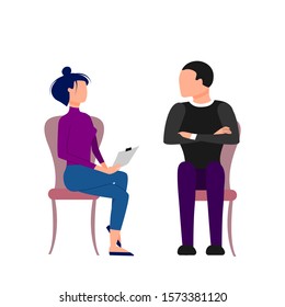 Scene of caucasian female therapist consulting male patient. Flat style stock vector illustration.