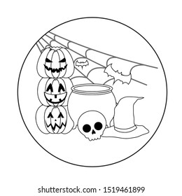 scene of cauldron with icons halloween
