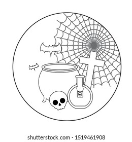 scene of cauldron with icons halloween