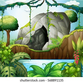 Scene with cave in the deep forest illustration